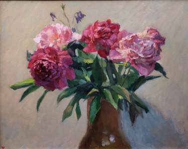 Картина под названием "Bouquet of pink peo…" - Aleksey Burov, Подлинное произведение искусства, Масло