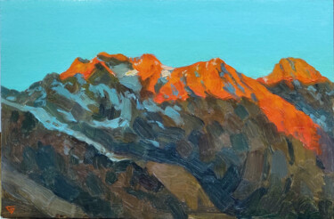 Schilderij getiteld "Fiery Mountain Peaks" door Aleksey Burov, Origineel Kunstwerk, Olie