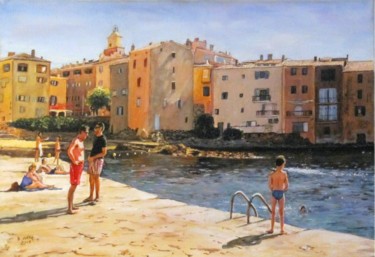 Painting titled "Baignade-à-St-Tropez" by Brigitte With (B.WITH), Original Artwork, Oil