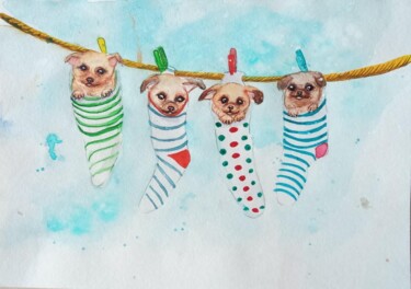 Drawing titled "Doggies" by By Tata, Original Artwork, Watercolor