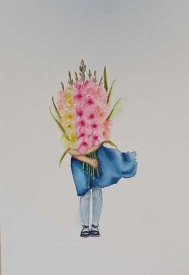 Dessin intitulée "Girl with flowers" par By Tata, Œuvre d'art originale, Aquarelle