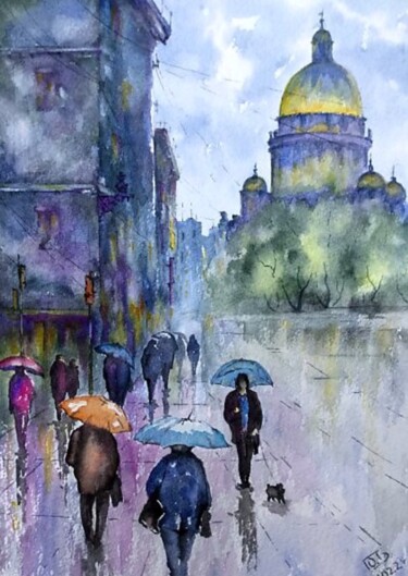 Peinture intitulée "«Дождь в городе»" par Iurii Bykov, Œuvre d'art originale, Aquarelle Monté sur Carton