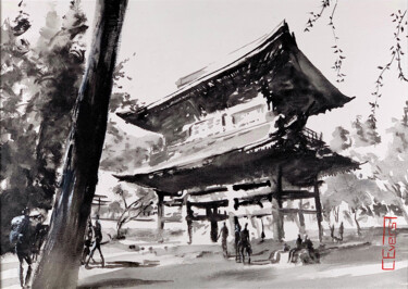 Malarstwo zatytułowany „Open Shintō Shrine” autorstwa Christian Evers, Oryginalna praca, Gwasz Zamontowany na Panel drewniany