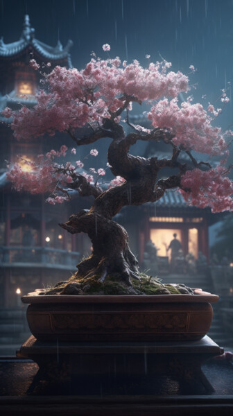 Artes digitais intitulada "Sakura Bonsai at ra…" por C.Moonheart, Obras de arte originais, Imagem gerada por IA