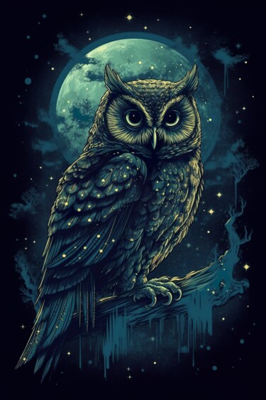 Digitale Kunst mit dem Titel "Blue green owl" von C.Moonheart, Original-Kunstwerk, KI-generiertes Bild