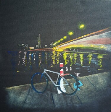 Painting titled "Donau by night" by Calanat, Original Artwork, Acrylic Mounted on Wood Stretcher frame