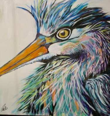 Painting titled "Heroic Heron" by Calvin Sassoon, Original Artwork, Acrylic Mounted on Wood Stretcher frame