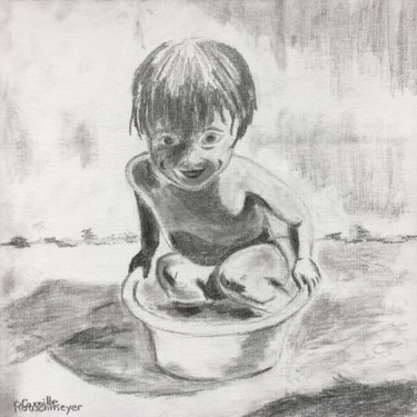 图画 标题为“Petit bain” 由Camille Rouschmeyer, 原创艺术品, 石墨 安装在纸板上