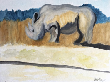 Картина под названием "Rhinocéros" - Camille Rouschmeyer, Подлинное произведение искусства, Акварель