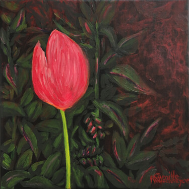 Painting titled "Rose tulipe" by Camille Rouschmeyer, Original Artwork, Acrylic Mounted on Wood Stretcher frame