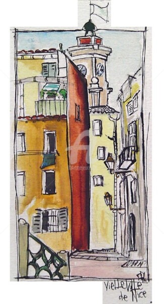 Dibujo titulada "Nice (vieille ville)" por Camille Magaud, Obra de arte original