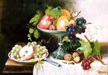 Painting titled "Tavola con frutti i…" by Cam Brivio, Original Artwork, Oil