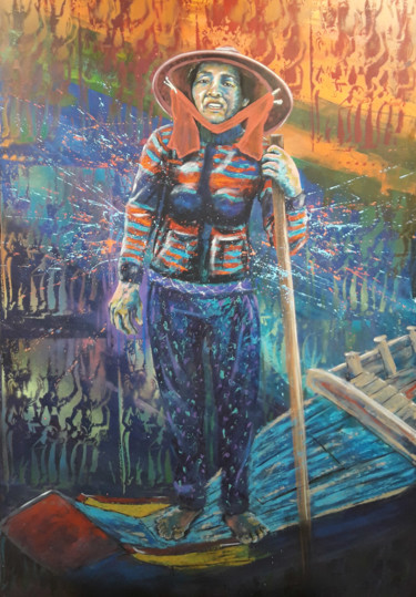Pittura intitolato "Femme sur barque" da Jean-Michel Canal, Opera d'arte originale, Acrilico Montato su Telaio per barella i…