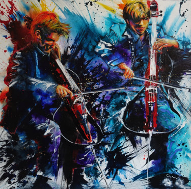 Schilderij getiteld "Dos cellos" door Jean-Michel Canal, Origineel Kunstwerk, Acryl Gemonteerd op Frame voor houten brancard