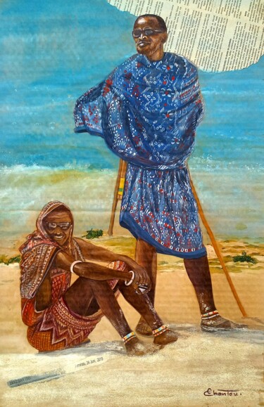 Pintura titulada "Massaïs à Jambiani" por Chantal Moisy (ChanTou), Obra de arte original, Acuarela Montado en artwork_cat.