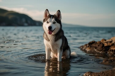 Digital Arts με τίτλο "Husky à la plage" από Caprice, Αυθεντικά έργα τέχνης, Εικόνα που δημιουργήθηκε με AI