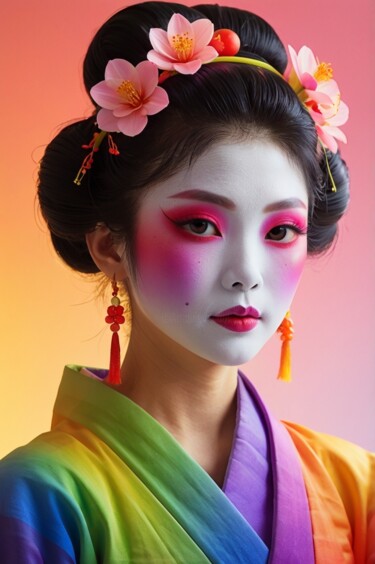 Arte digitale intitolato "rainbow geisha" da Caprice, Opera d'arte originale, Immagine generata dall'IA