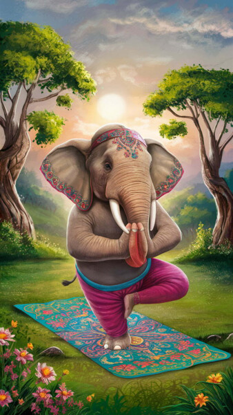 Digitale Kunst mit dem Titel "elephant yoga" von Caprice, Original-Kunstwerk, KI-generiertes Bild