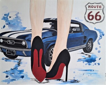 Painting titled "ROUTE 66" by Cara India, Original Artwork, Acrylic Mounted on Wood Stretcher frame