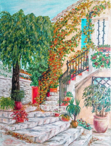 제목이 "Escaliers Fleuris d…"인 미술작품 Cardoso Manu로, 원작, 기름 나무 들것 프레임에 장착됨