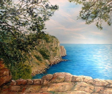 Painting titled "Vue sur le Littoral" by Cardoso Manu, Original Artwork, Oil Mounted on Wood Stretcher frame