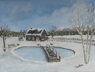 Peinture intitulée "Chalet d'hiver" par Carlau, Œuvre d'art originale