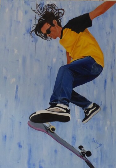 Painting titled "Skate1" by Carline, Original Artwork, Oil Mounted on Wood Stretcher frame