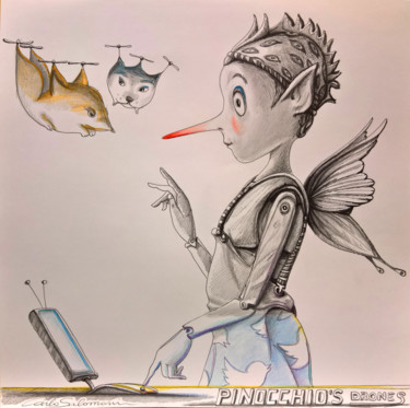 Tekening getiteld "PINOCCHIO'S DRONES" door Carlo Salomoni, Origineel Kunstwerk, Potlood