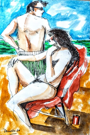 Pintura intitulada "Couple dans la plage" por Decastro, Obras de arte originais, Aquarela