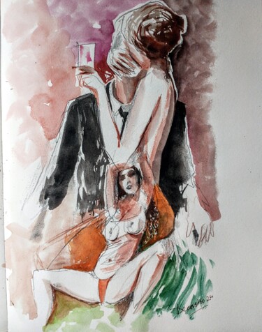 Malerei mit dem Titel "Fille ensouciante" von Decastro, Original-Kunstwerk, Aquarell