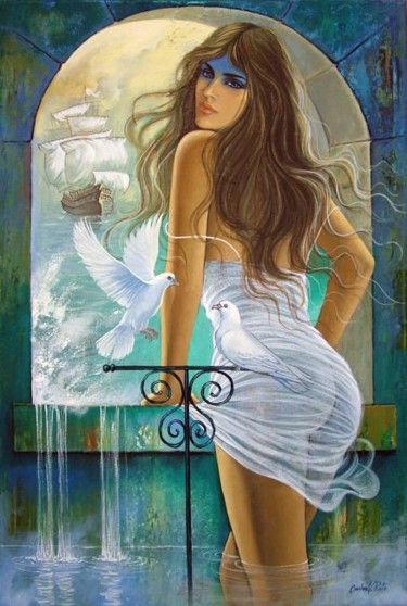 Pintura titulada "A moça e a caravela" por Carlos V. Pinto, Obra de arte original, Oleo