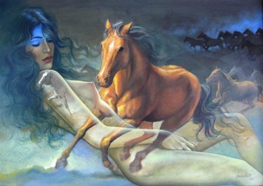 Pintura intitulada "Cavalgada dos sonhos" por Carlos V. Pinto, Obras de arte originais, Óleo