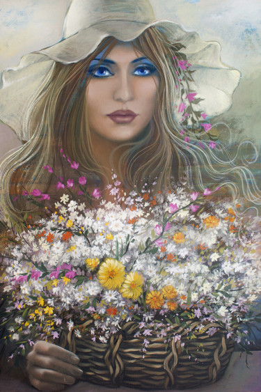 Pintura intitulada "A Florista e as flo…" por Carlos V. Pinto, Obras de arte originais, Óleo