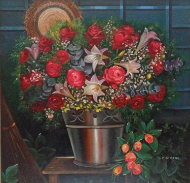Картина под названием "Pozal con rosas" - Carmen Gimeno Piquer, Подлинное произведение искусства, Масло Установлен на Деревя…
