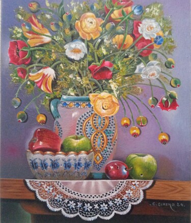 Pintura intitulada "Bodegón con frutas…" por Carmen Gimeno Piquer, Obras de arte originais, Óleo