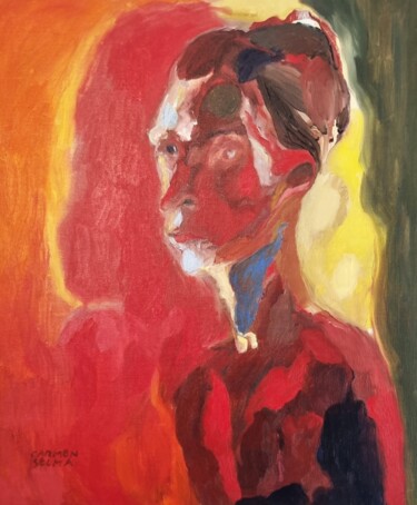 Painting titled "Autoportrait rouge" by Carmen Selma, Original Artwork, Oil Mounted on Wood Stretcher frame