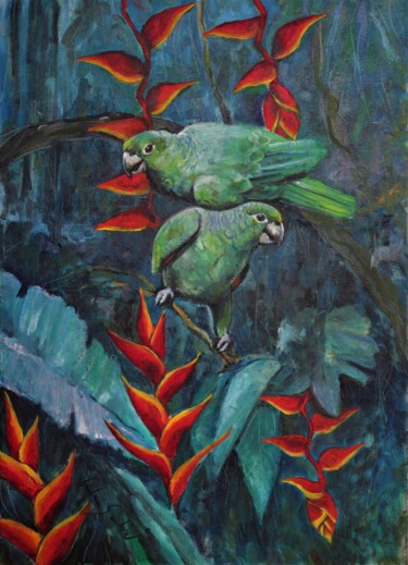 Malerei mit dem Titel "Parrots , Moleiro b…" von Carolina Saidenberg, Original-Kunstwerk, Öl