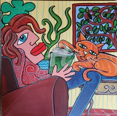 Painting titled "La lectrice et le c…" by Caroline Cavalier, Original Artwork, Acrylic Mounted on Wood Stretcher frame