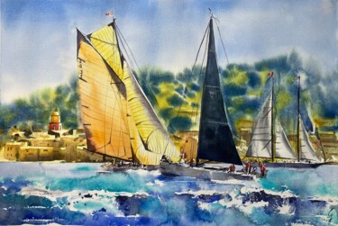 Schilderij getiteld "Les Voiles de Saint…" door Caroline Guizouarn, Origineel Kunstwerk, Aquarel