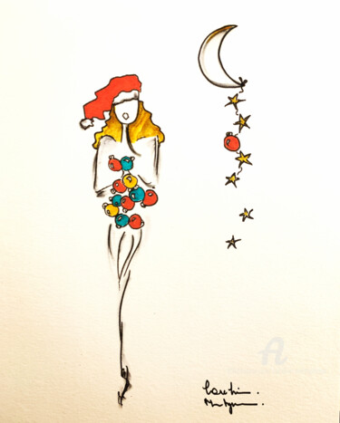 Dessin intitulée "Petite Nana Noël" par Caroline Montigneaux, Œuvre d'art originale, Encre