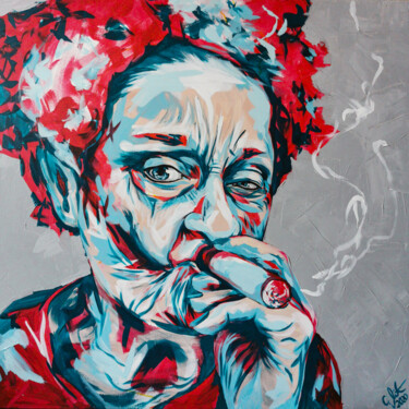 Painting titled "Smoking Frieda K." by Carolyn Mielke (carographic), Original Artwork, Acrylic Mounted on Wood Stretcher fra…