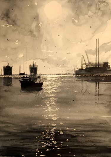 Pintura titulada "Dublin Port, River…" por Cathal O'Briain, Obra de arte original, Acuarela