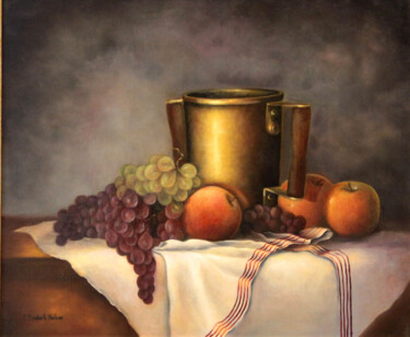 Schilderij getiteld "Fruits et Laiton" door Catherine Bantwell Huiban, Origineel Kunstwerk, Olie Gemonteerd op Frame voor ho…