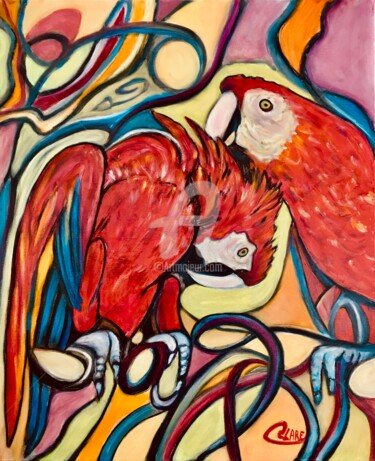 Pintura titulada "Couple de Aras roug…" por Catherine Clare, Obra de arte original, Oleo Montado en Bastidor de camilla de m…