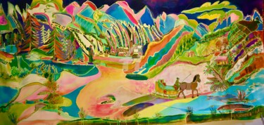 Peinture intitulée "Eden magic mountain" par Catherine Clare, Œuvre d'art originale, Encre Monté sur Panneau de bois