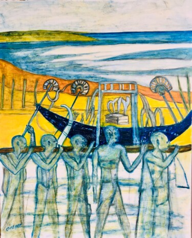 Painting titled "La barque solaire" by Catherine Clare Styler, Original Artwork, Oil Mounted on Wood Stretcher frame