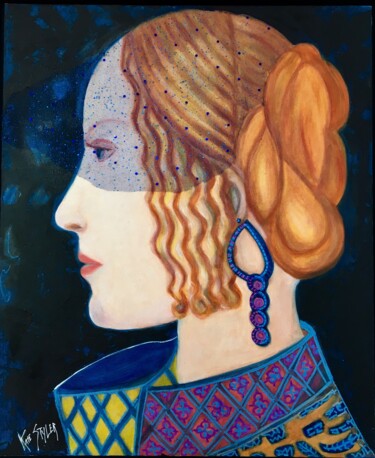 Painting titled "Portrait inspiré de…" by Catherine Clare Styler, Original Artwork, Oil Mounted on Wood Stretcher frame