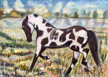 Painting titled "Mustang" by Catherine Clare, Original Artwork, Oil Mounted on Wood Stretcher frame