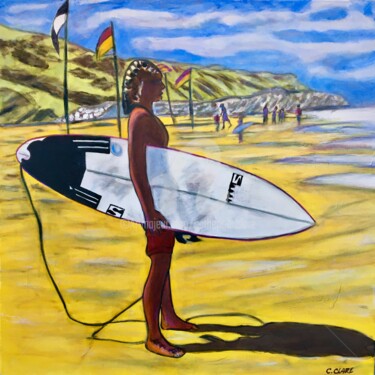 Painting titled "Surfer on Marbella…" by Catherine Clare, Original Artwork, Oil Mounted on Wood Stretcher frame