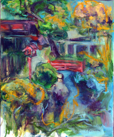 Картина под названием "Jardin au petit pon…" - Catherine Duchêne, Подлинное произведение искусства, Масло